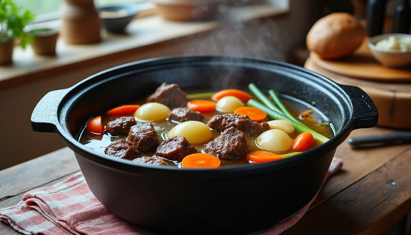 découvrez notre recette traditionnelle de pot-au-feu avec une viande tendre, des légumes frais et un bouillon maison savoureux, idéal pour un repas chaleureux en famille.