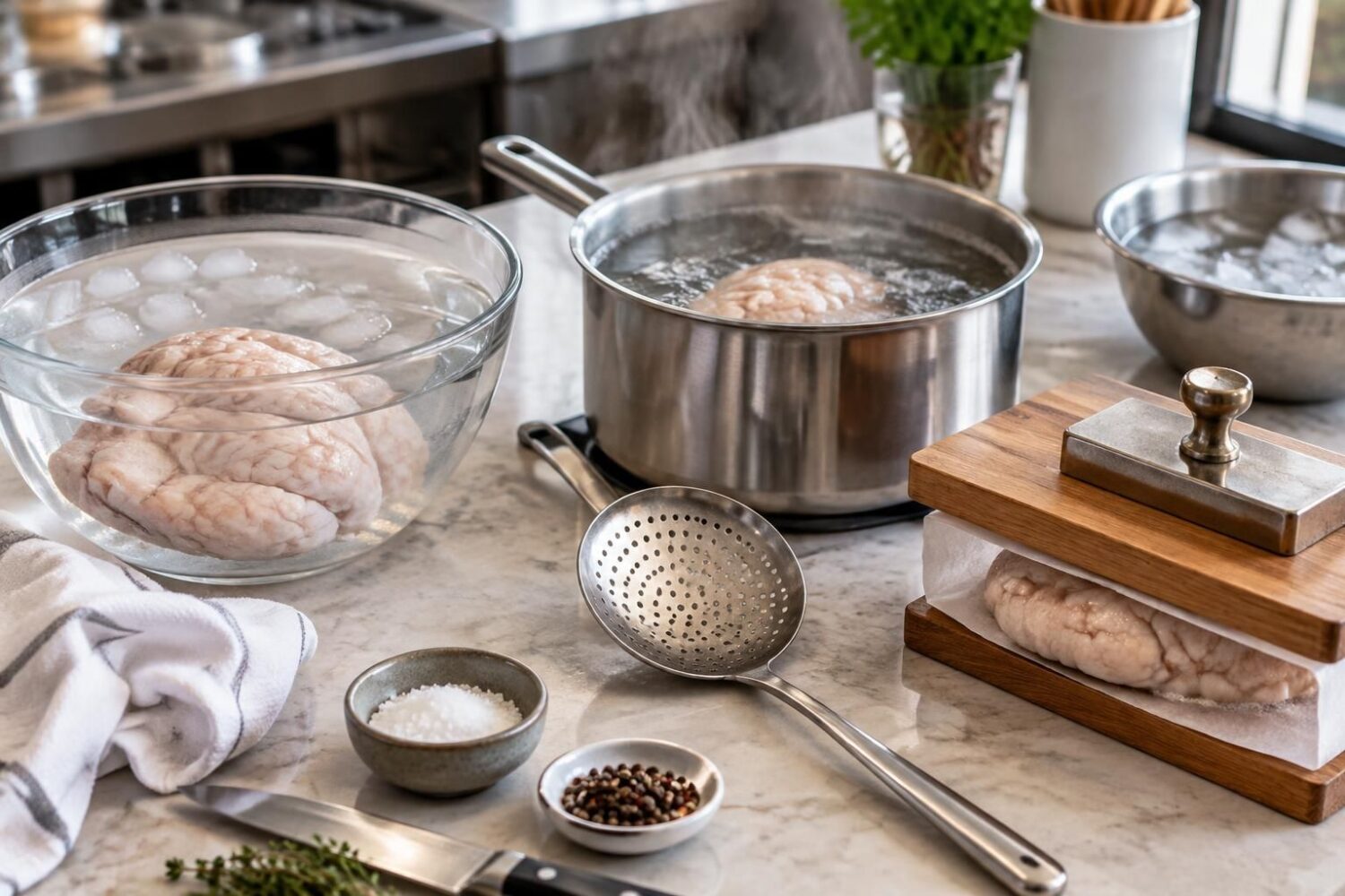 Préparer le ris de veau : dégorger, blanchir et presser avant de le cuisiner